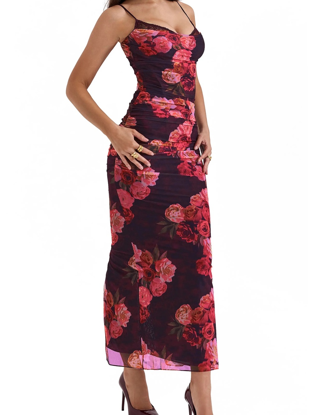 House of CB Burgundy Floral Maxi Slip Dress with Pink Rose Print